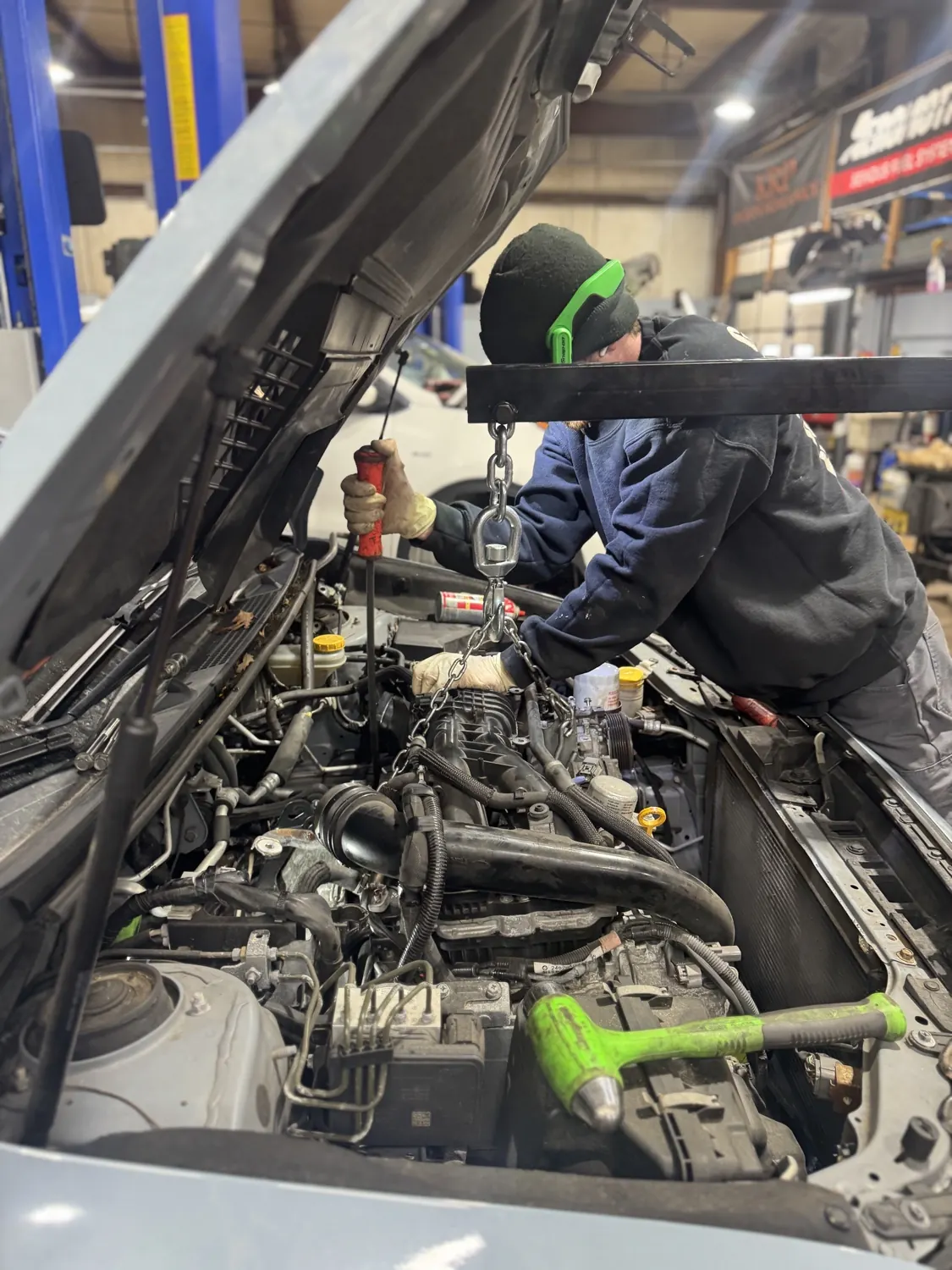 Engine out of the vehicle for major repair at KRP Automotive Repair in Newton, NJ